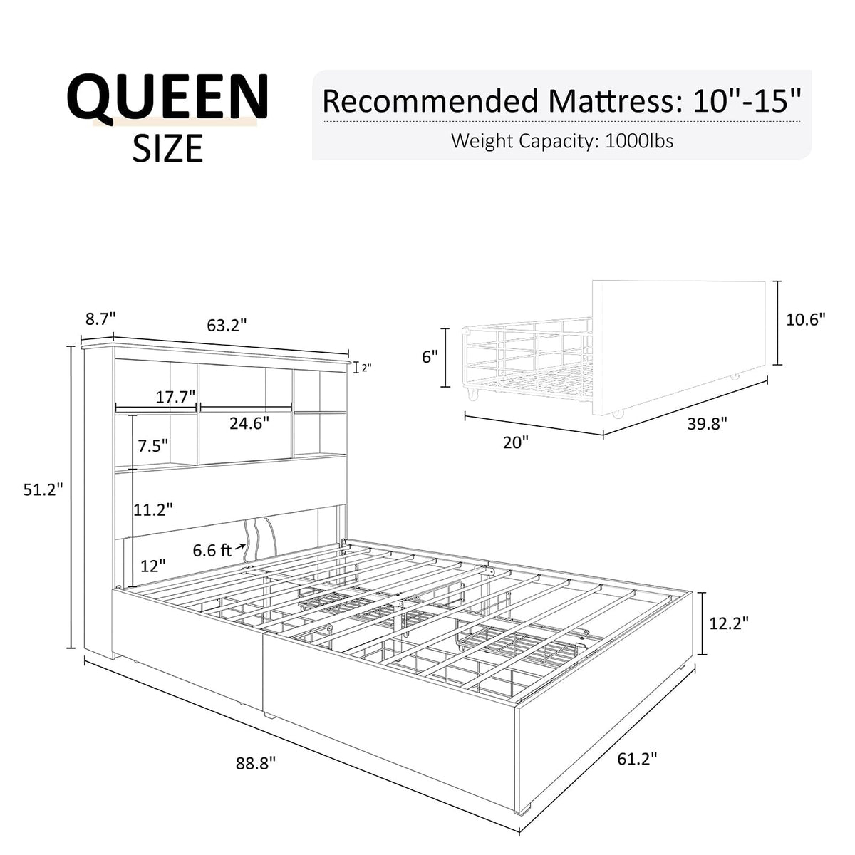 Queen Platform Bed with LED Bookcase Headboard V36959