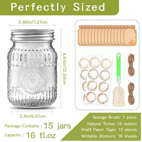 16 oz Embossed Glass Mason Jars 15Pack with Airtight Lids A5272