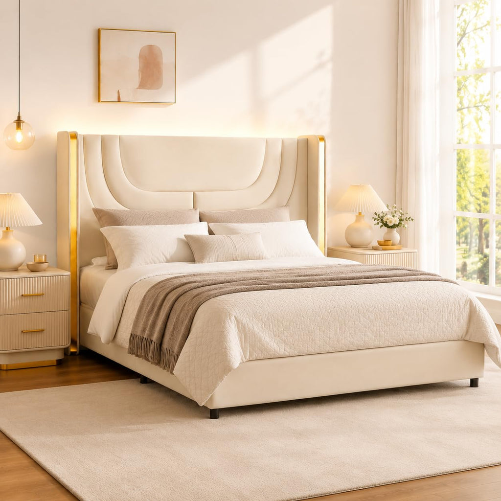 Full Size Bed Frame with LED Lights and Wingback Headboard K8530