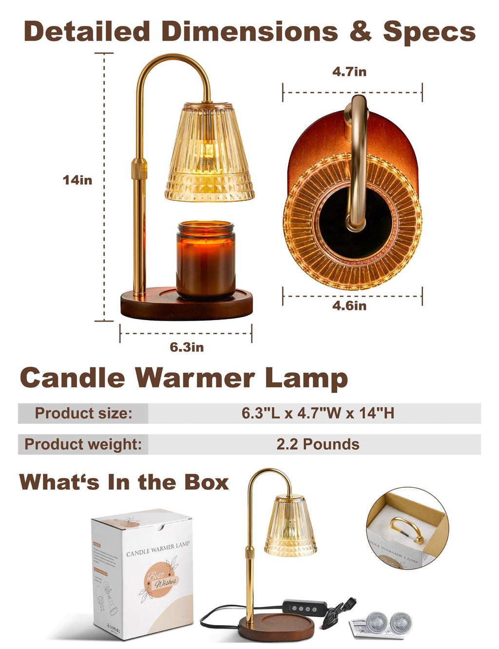 Candle Warmer Lamp with Dimmer & Timer, Adjustable Height, Amber-gold I677