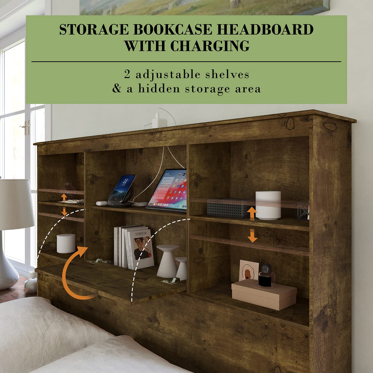 Queen Platform Bed with LED Bookcase Headboard V36959
