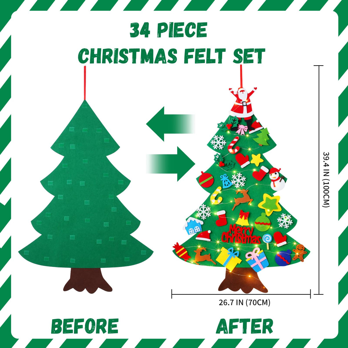 Felt Christmas Tree for Toddlers, 3.2ft Wall Hanging DIY Xmas Decorations with String Light T450810
