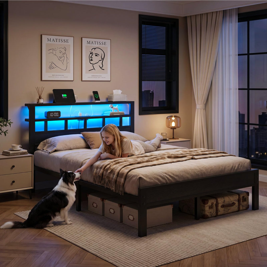 Full Size Bed Frame with Charging Station and LED G150594