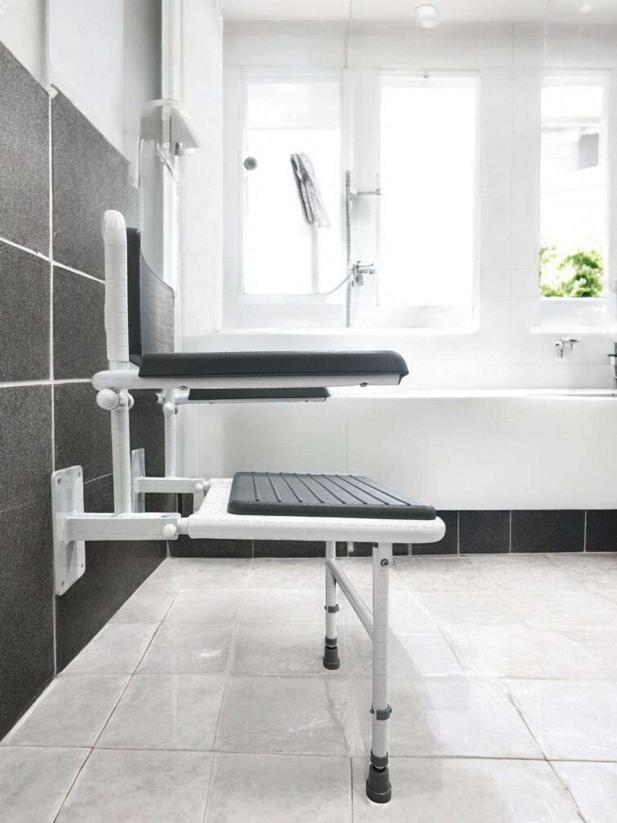 Wall Mounted Foldable Shower Seat with Folding Padded Arms, Back & Seat, Adjustable Height K6225