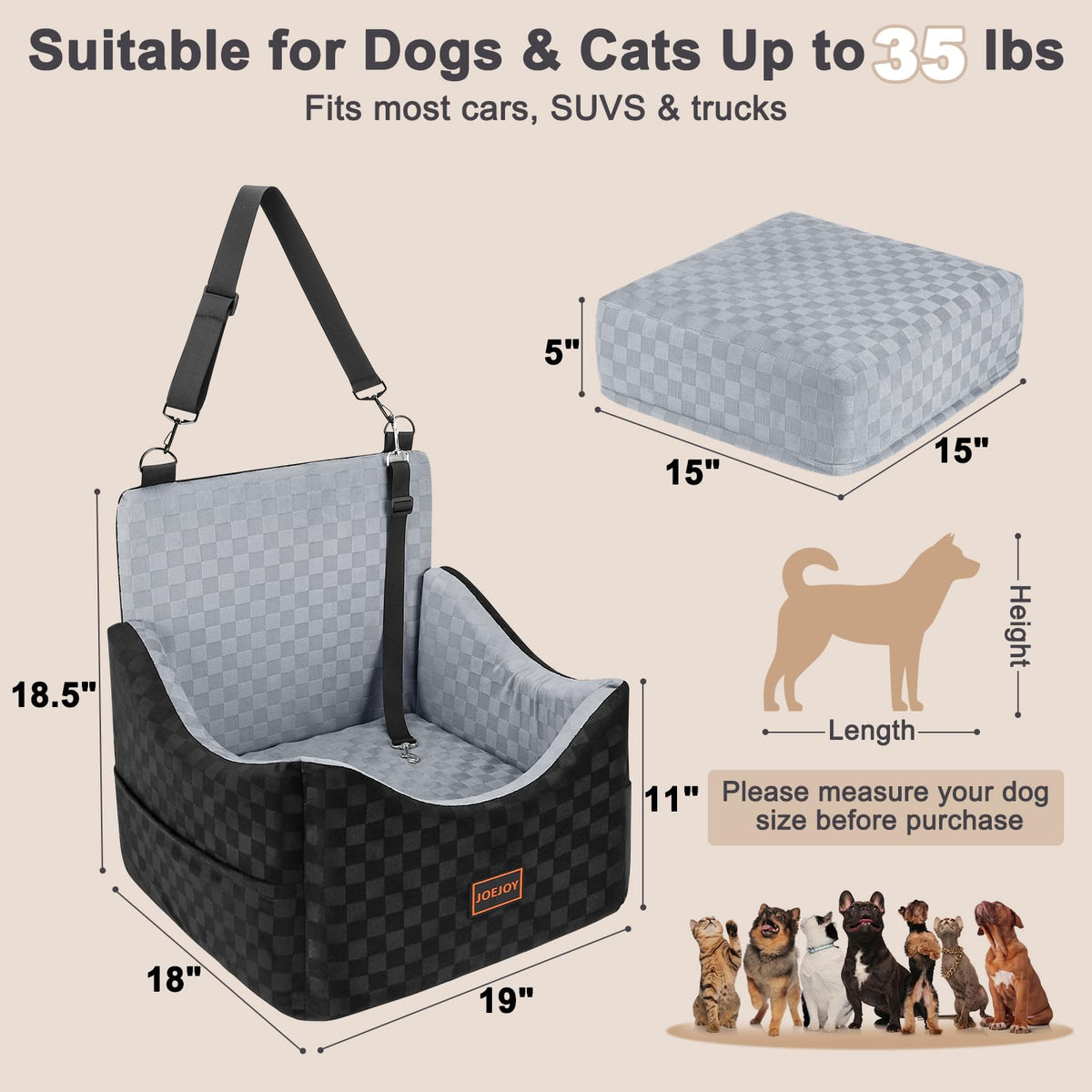 Elevated Dog Car Seat for Small/Medium Dogs up to 35 lbs, Memory Foam Grey Z247104