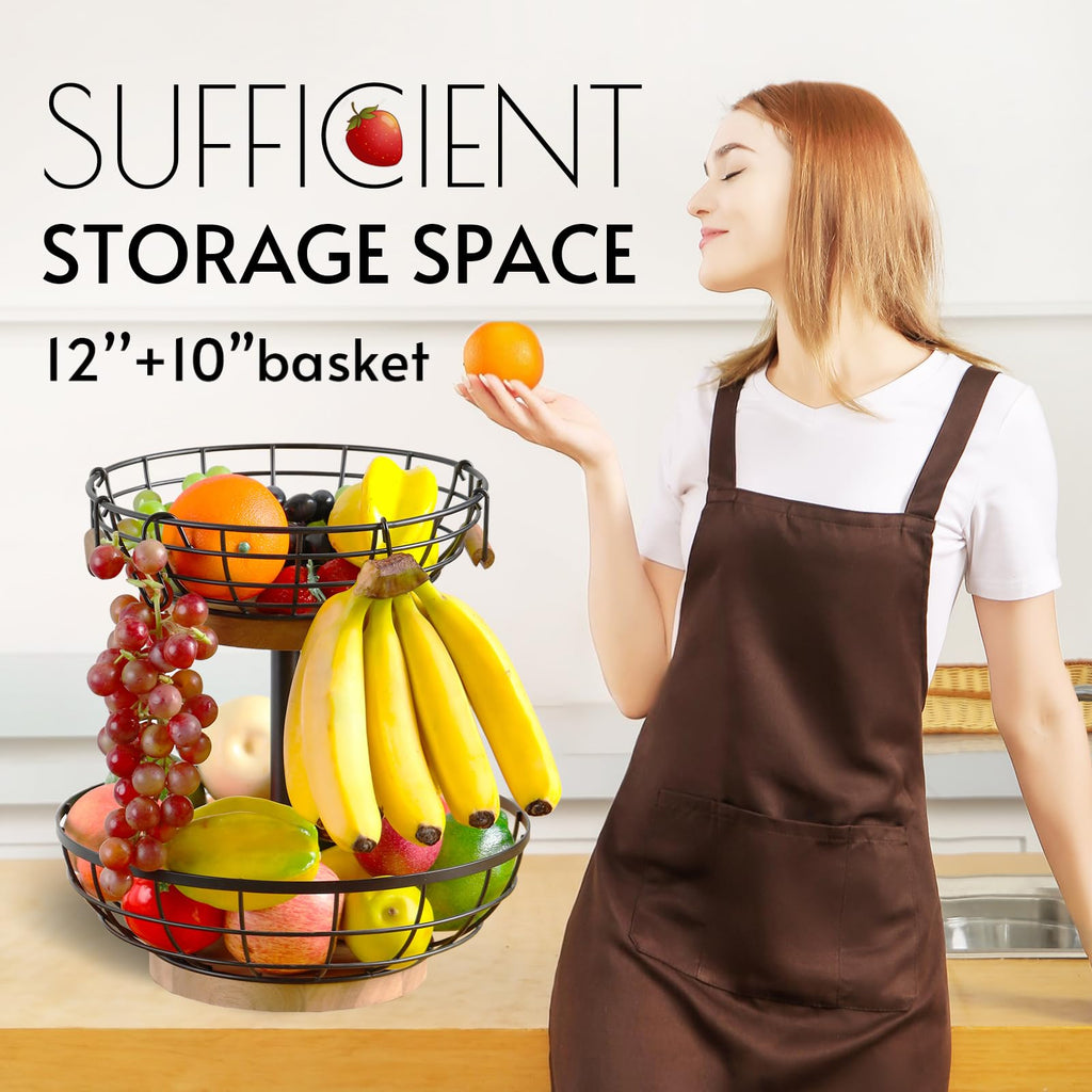 2-tier Metal Fruit Basket Bowl with Wooden Base G20685