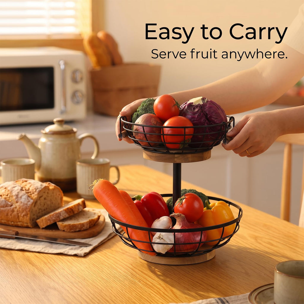 2-tier Metal Fruit Basket Bowl with Wooden Base G20685