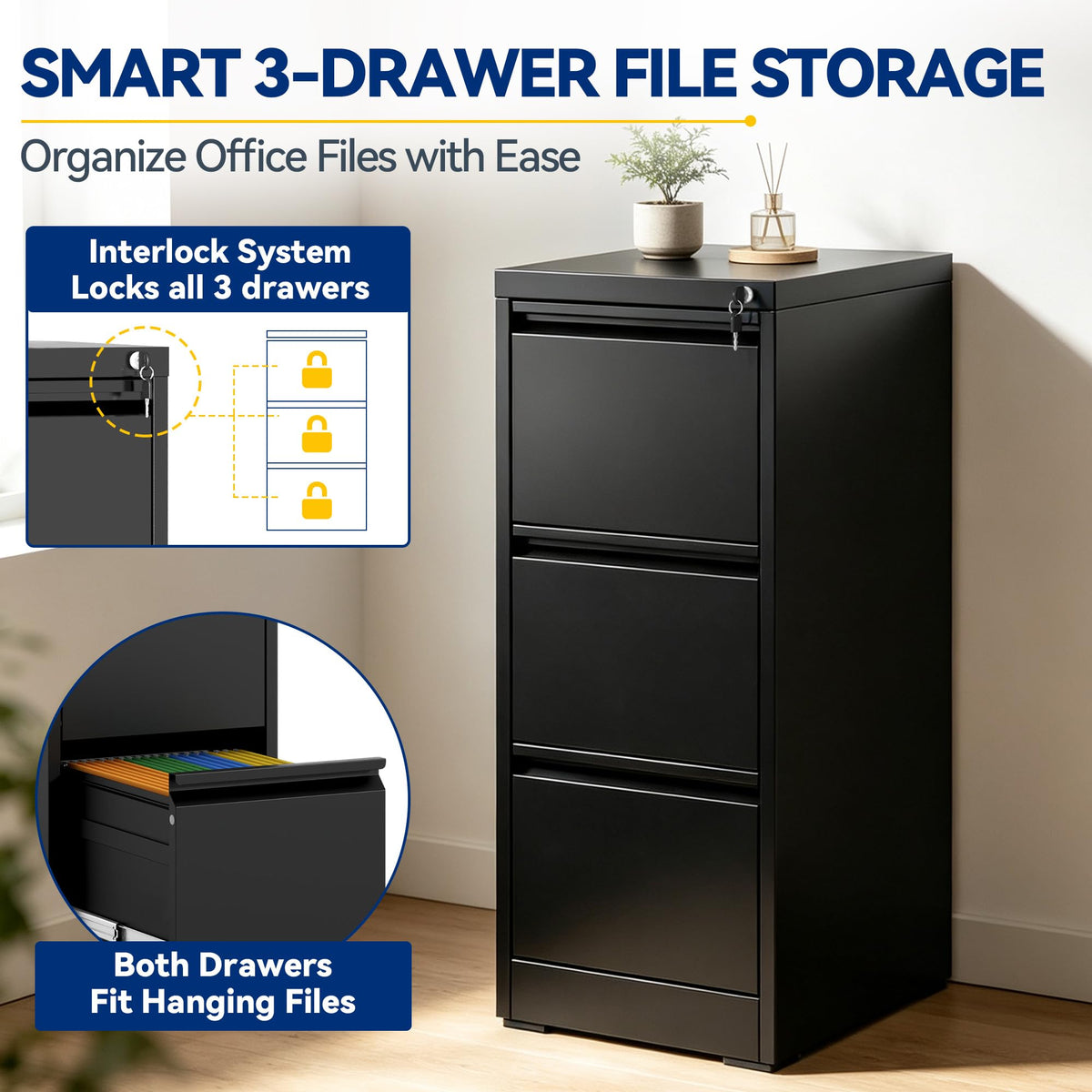 3 Drawer Black Metal File Cabinet with Lock D584