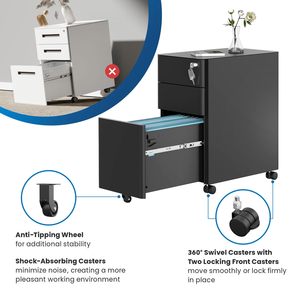 Black 3 Drawer Rolling File Cabinet with Lock Z7245