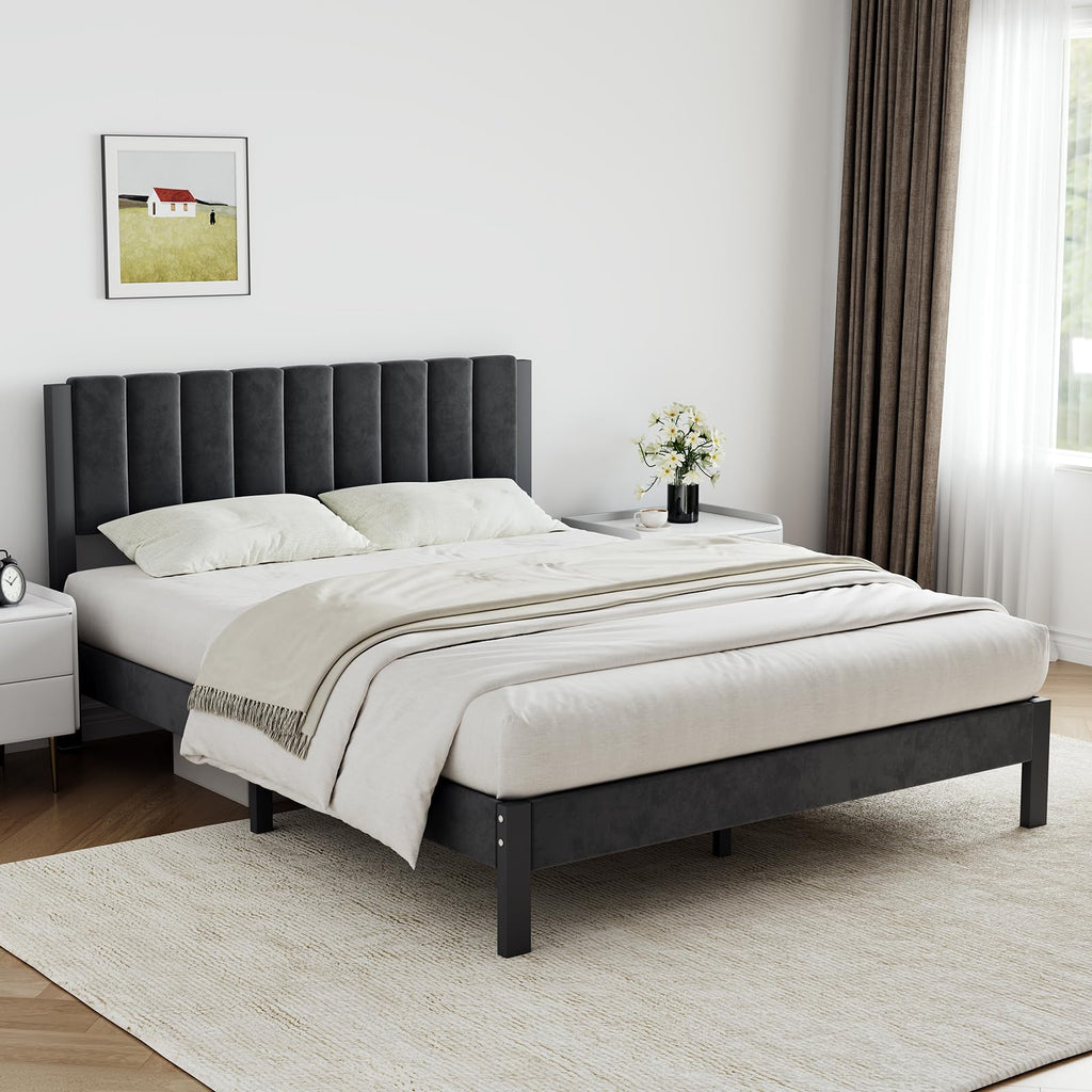 Full Size Metal Platform Bed Frame with Velvet Black Headboard and Footboard M3498
