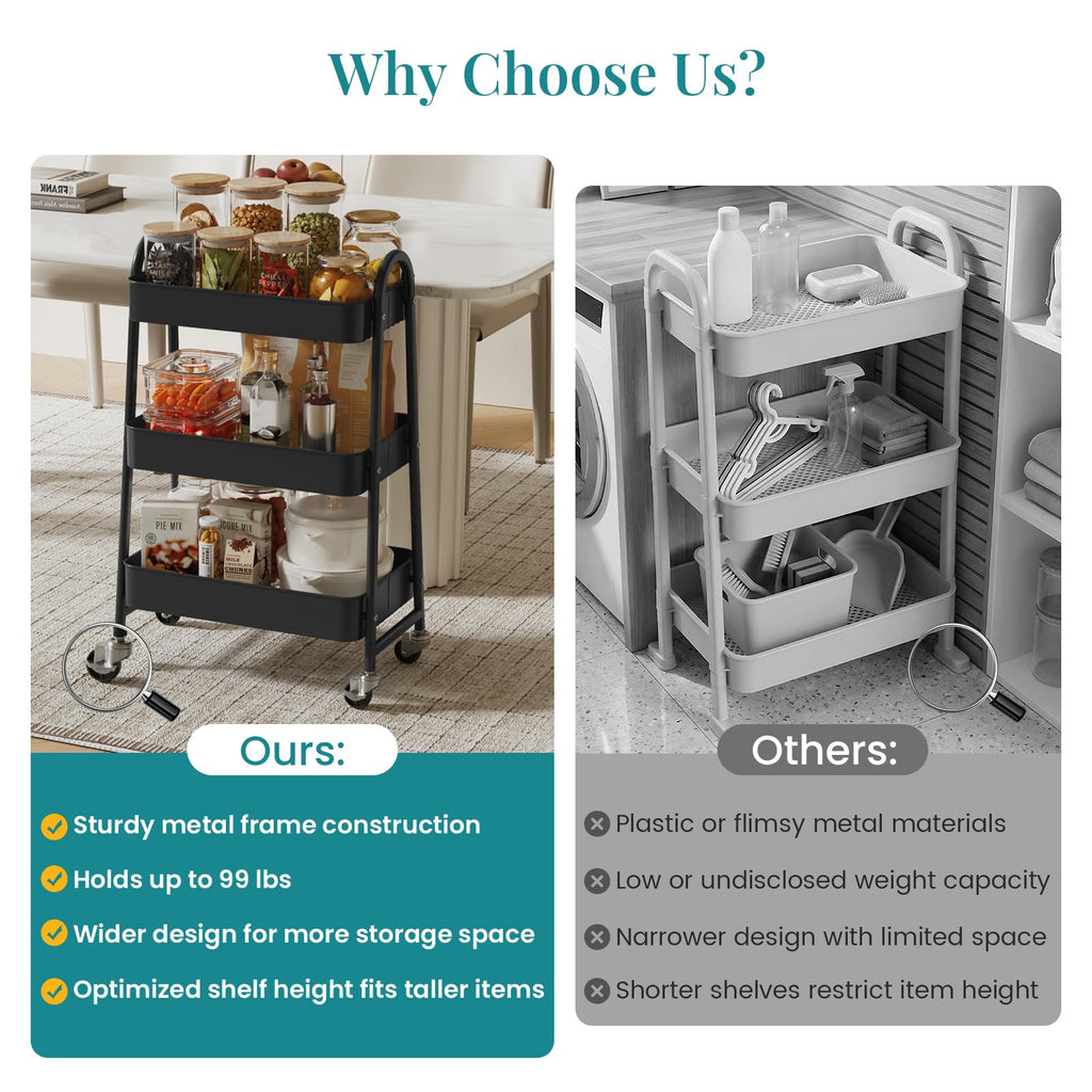 3-Tier Metal Rolling Utility Cart with Lockable Wheels P280