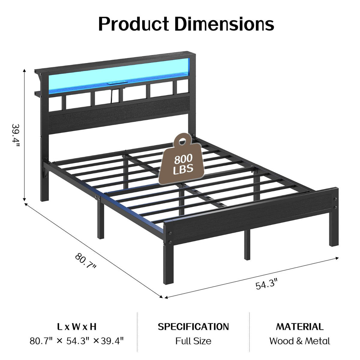 Full Size Bed Frame with Charging Station and LED G150594