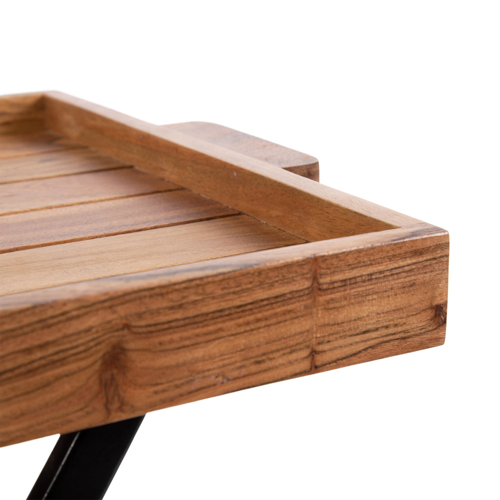 Natural Brown and Black Wood Tray Table with Removable Serving Tray Top U441