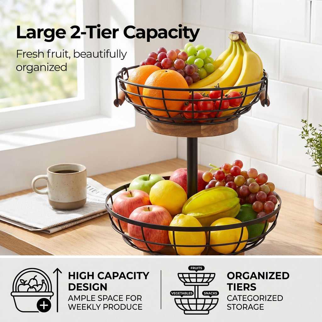 2-tier Metal Fruit Basket Bowl with Wooden Base G20685