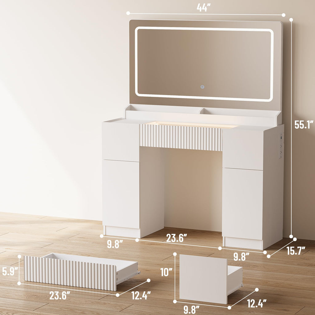 44" Pure White Vanity Desk with Mirror and Lights G35871