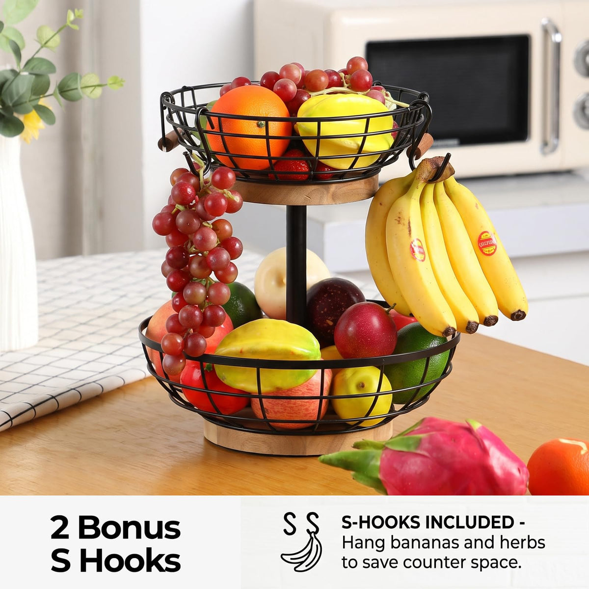 2-tier Metal Fruit Basket Bowl with Wooden Base G20685