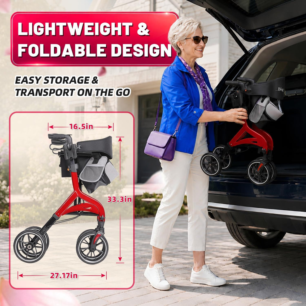 Foldable Red Rollator Walker with Seat J27090