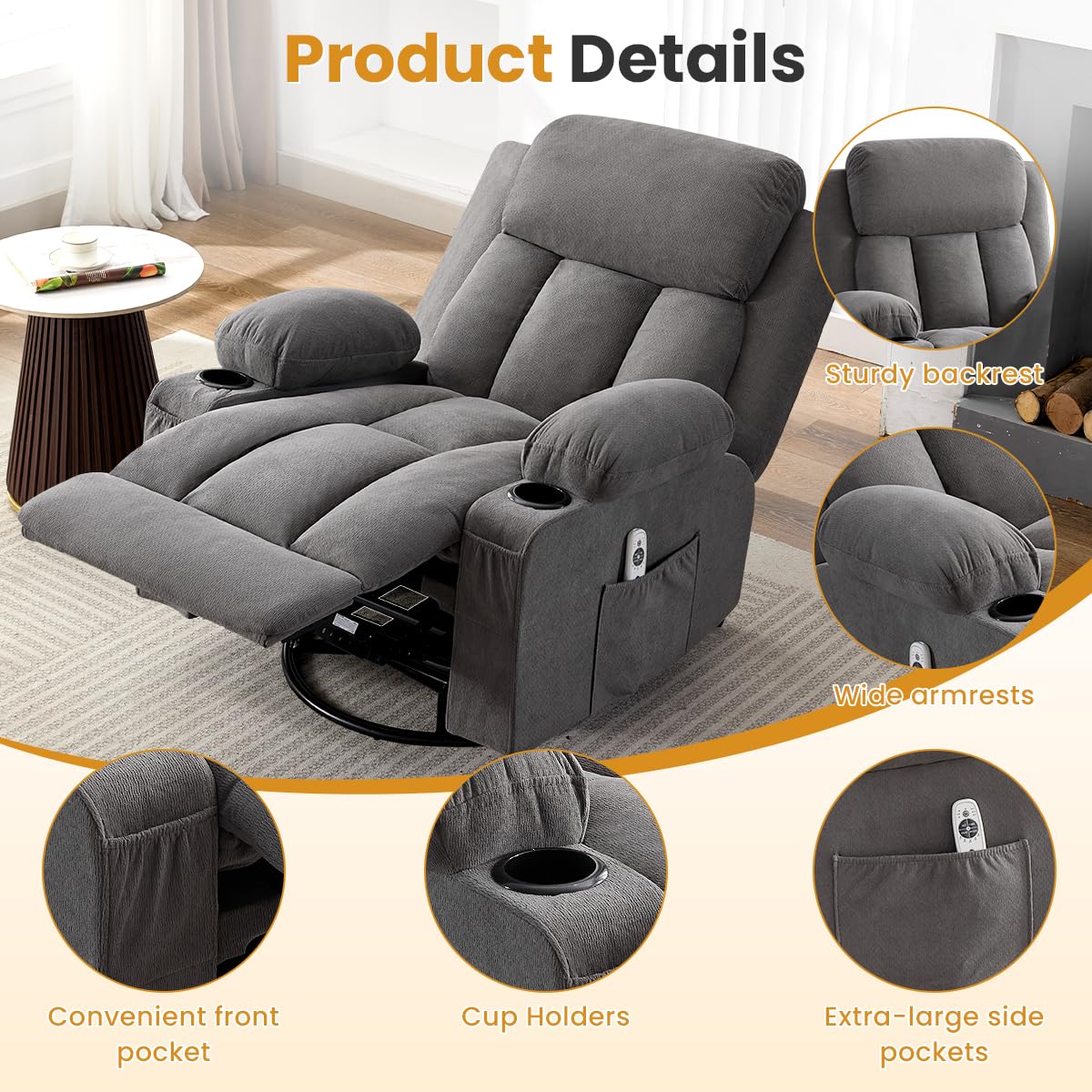 Swivel Rocker Recliner Chair with Vibration Massage & Lumbar Heating Y839833