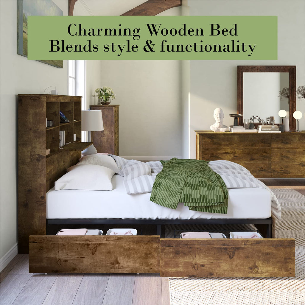 Queen Platform Bed with LED Bookcase Headboard V36959