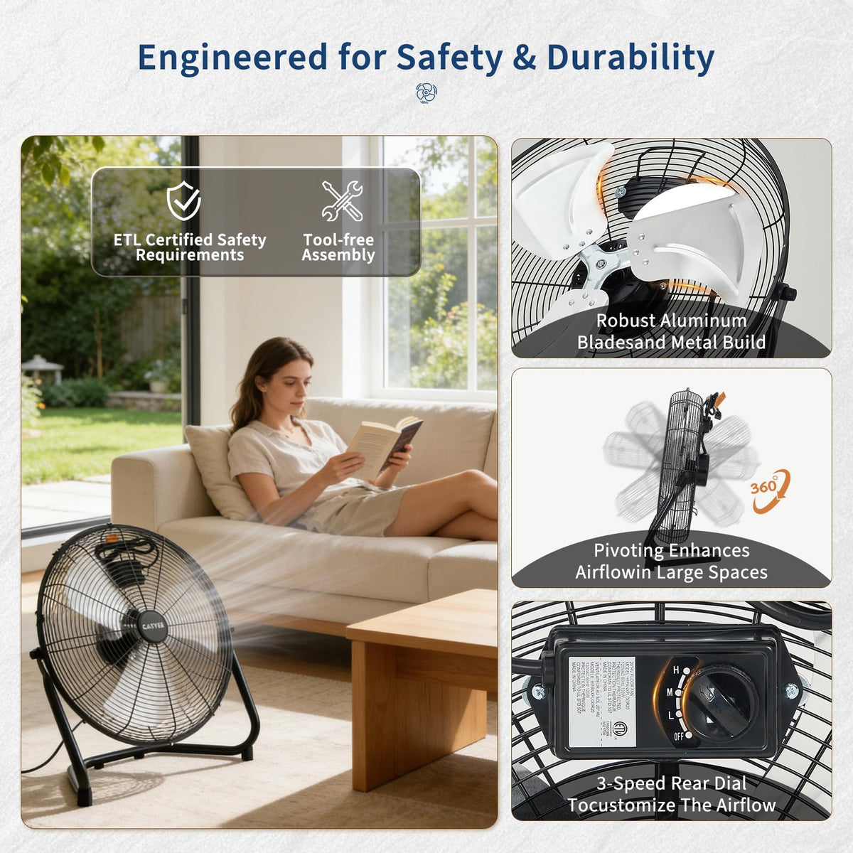 20" High Velocity Floor Fan, 4800 CFM Heavy Duty Industrial Metal Fan with 3 Speeds J5570
