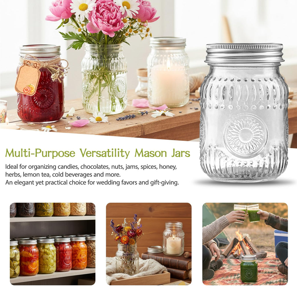 16 oz Embossed Glass Mason Jars 15Pack with Airtight Lids A5272
