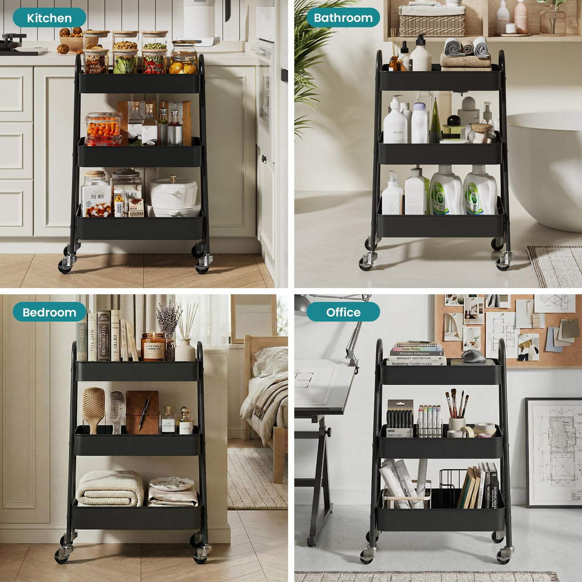 3-Tier Metal Rolling Utility Cart with Lockable Wheels P280