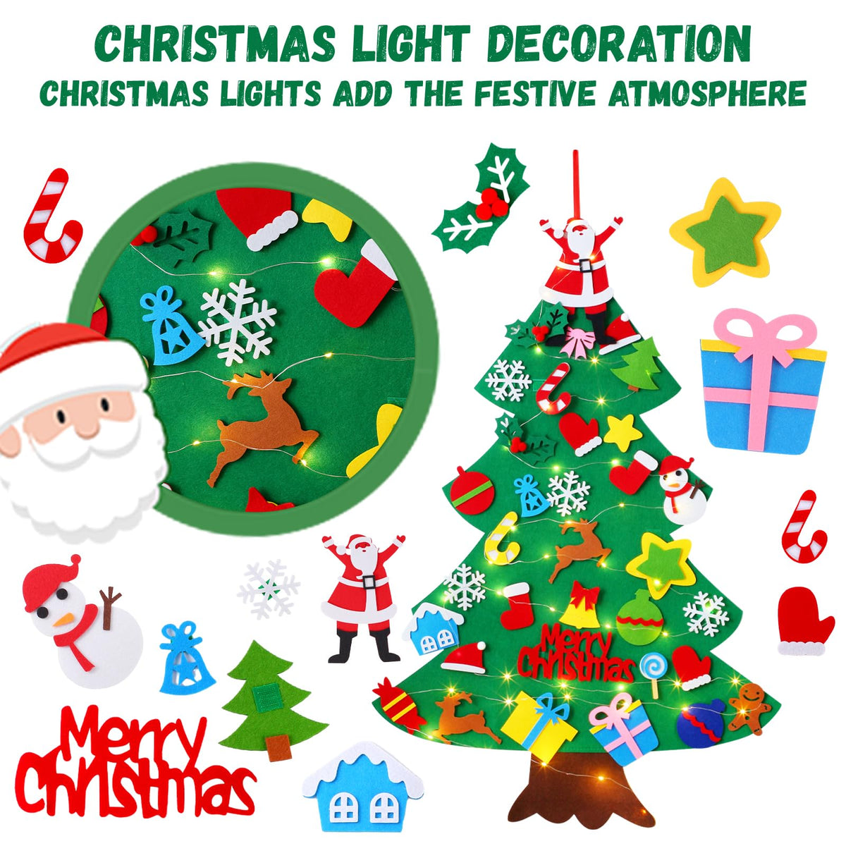 Felt Christmas Tree for Toddlers, 3.2ft Wall Hanging DIY Xmas Decorations with String Light T450810