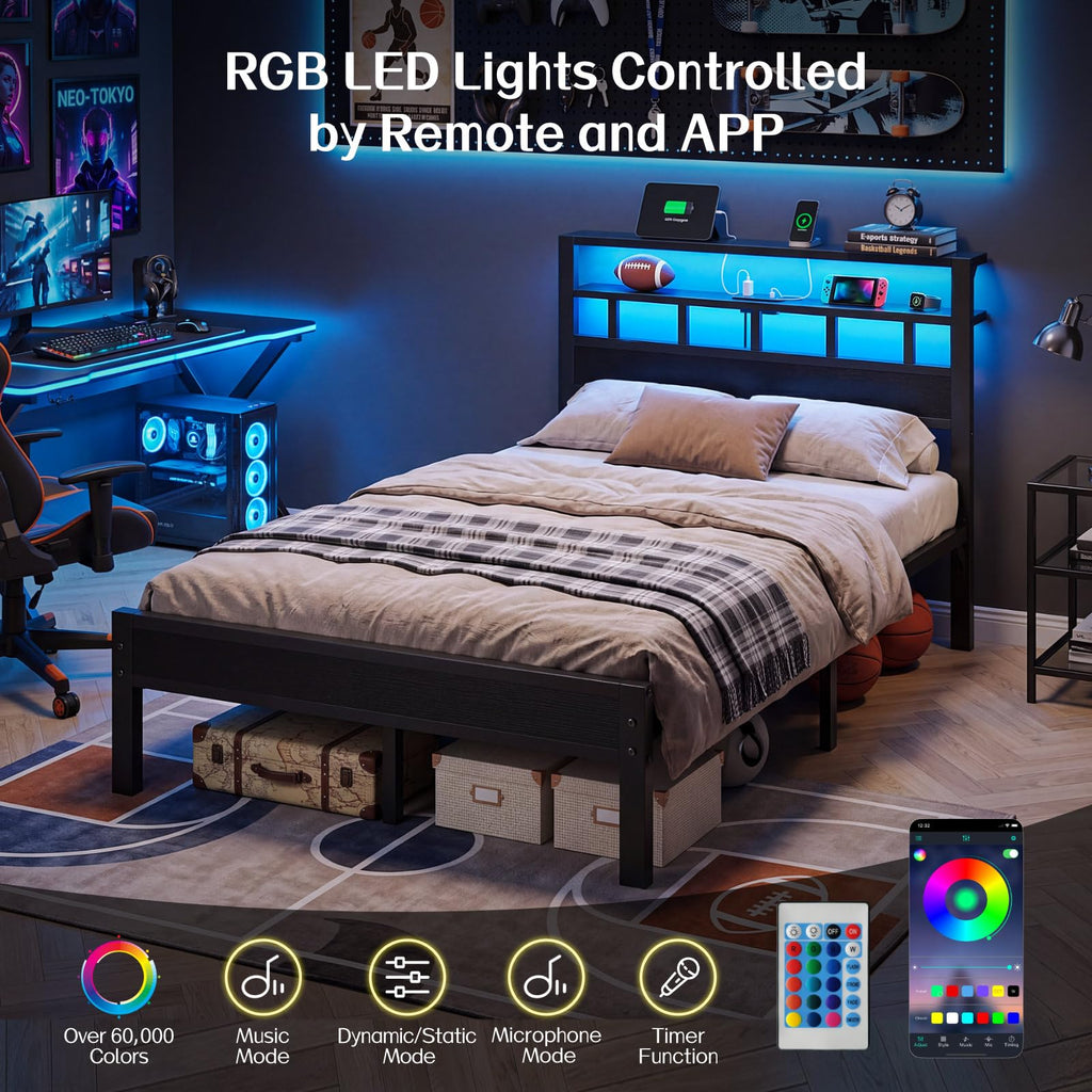 Full Size Bed Frame with Charging Station and LED G150594