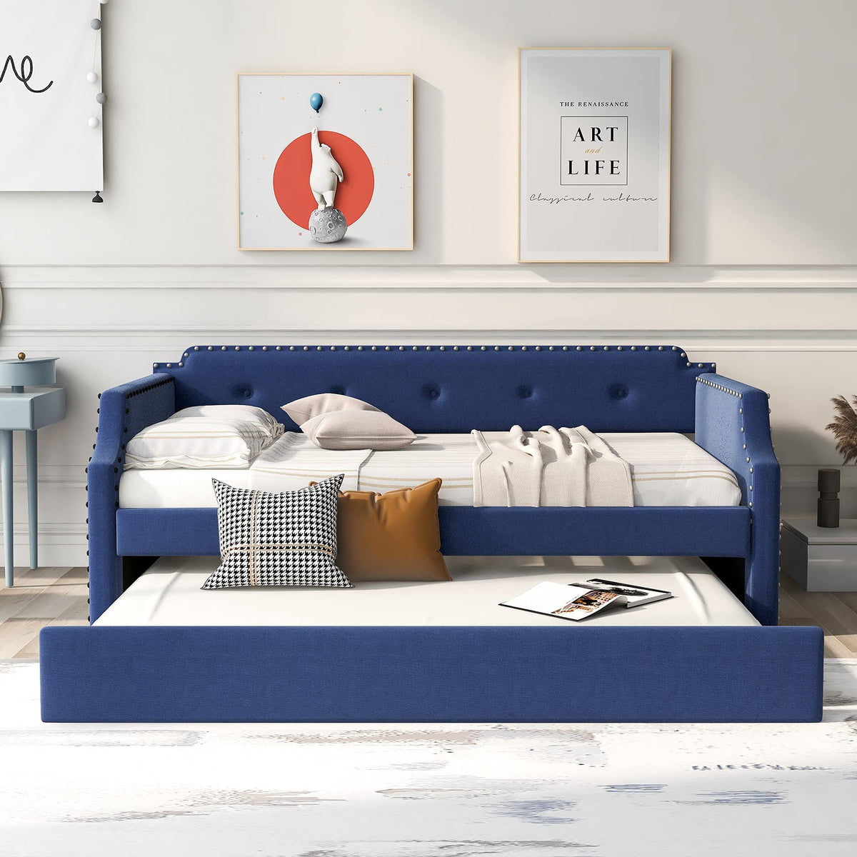 Blue Upholstered Daybed with Trundle D8475