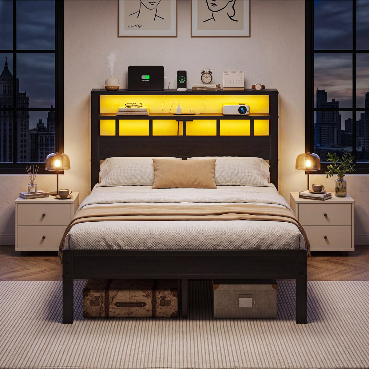 Full Size Bed Frame with Charging Station and LED G150594