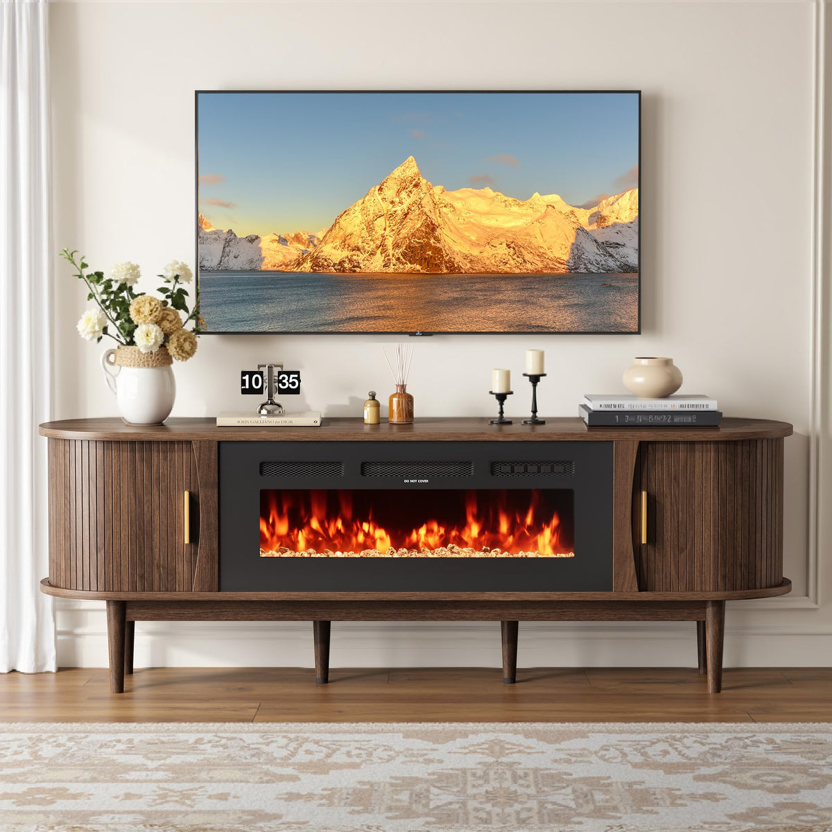 70″ Fluted Fireplace TV Stand with Sliding Tambour Doors K908