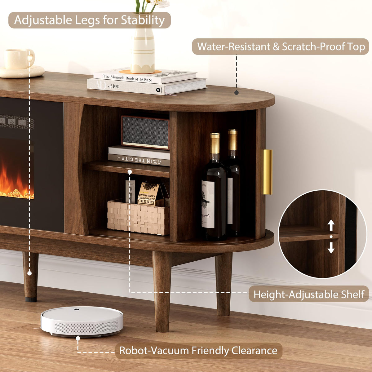 70″ Fluted Fireplace TV Stand with Sliding Tambour Doors K908