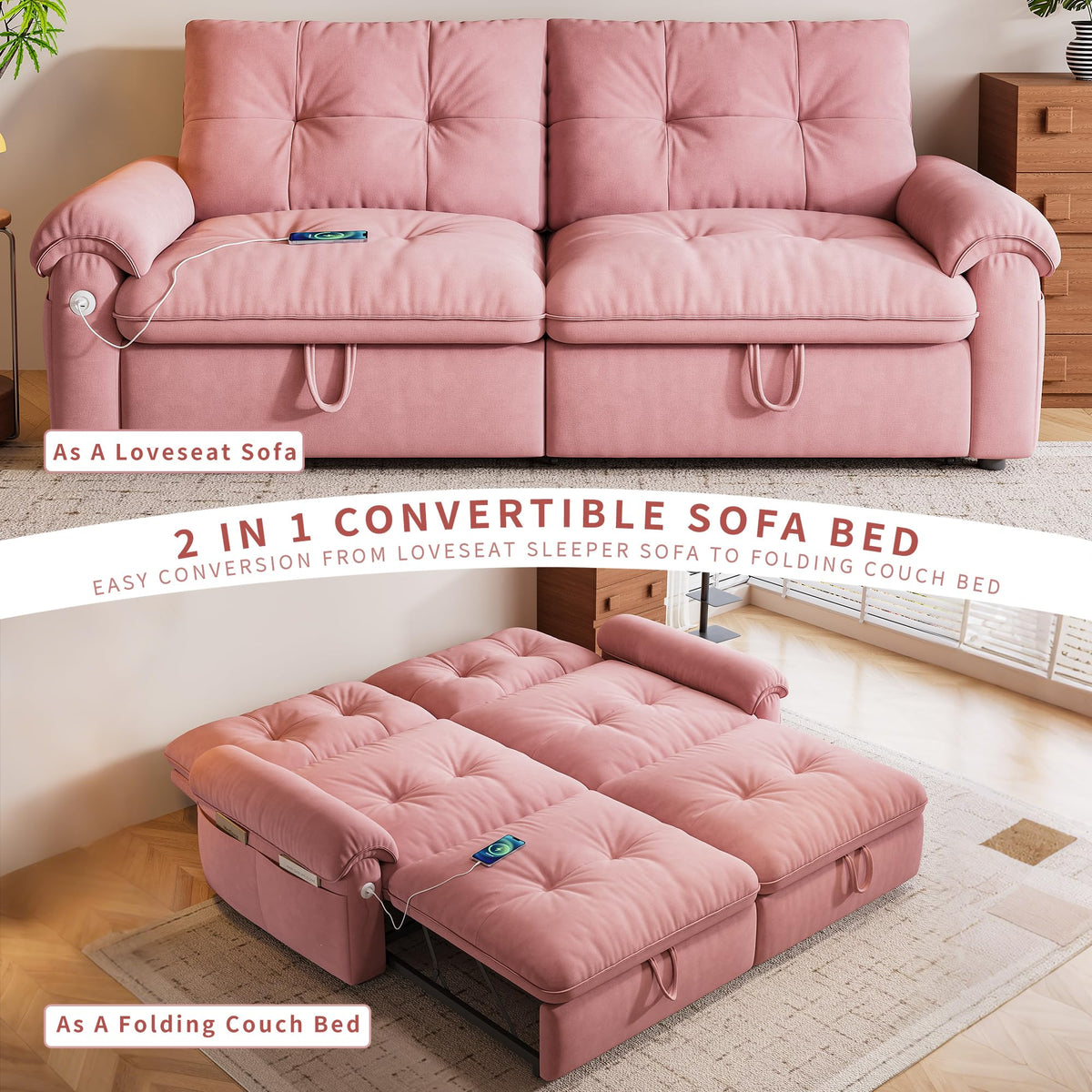 Queen Size Pink Sofa Bed with Pull Out Bed X641