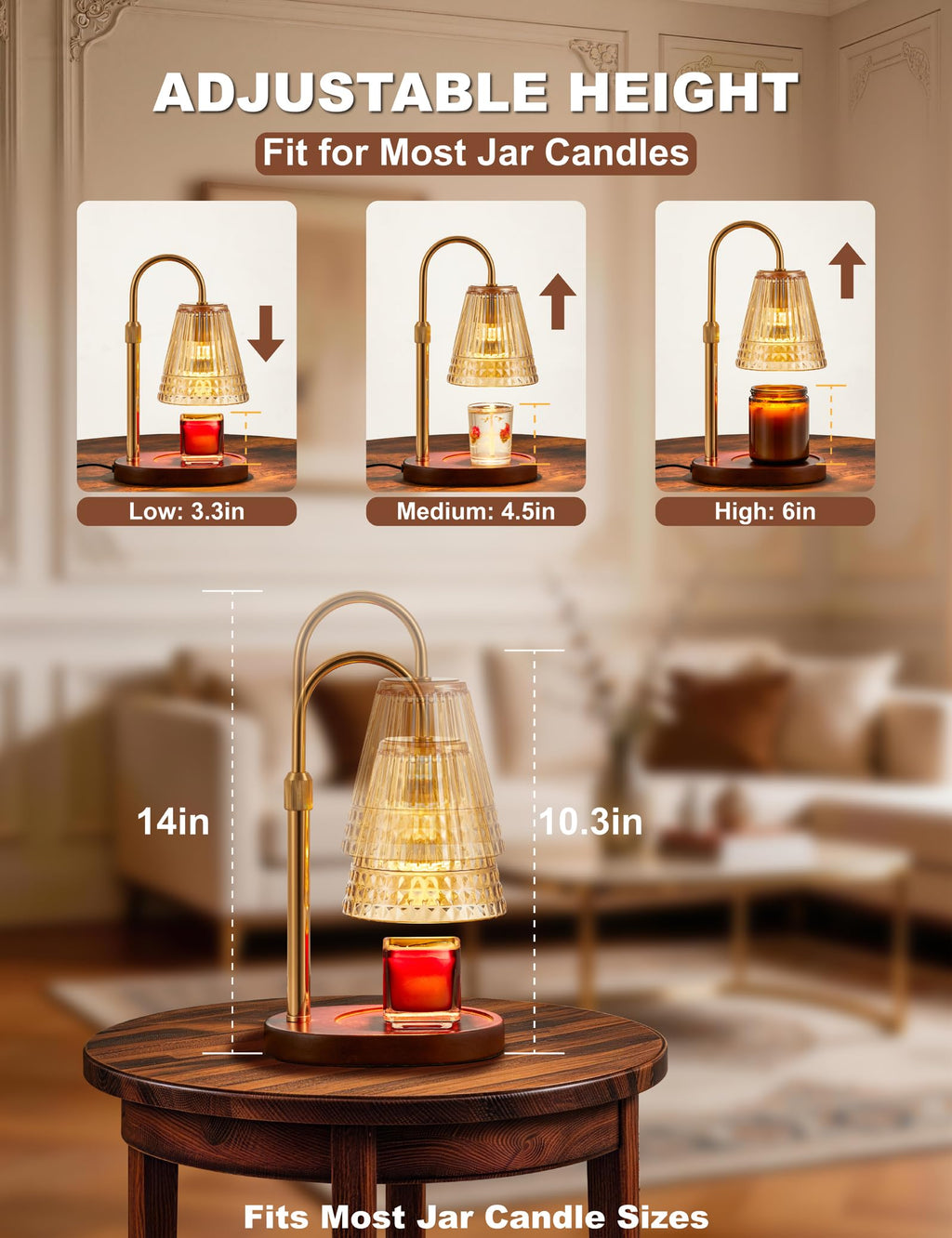 Candle Warmer Lamp with Dimmer & Timer, Adjustable Height, Amber-gold I677