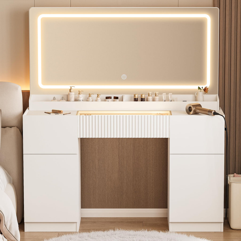 44" Pure White Vanity Desk with Mirror and Lights G35871