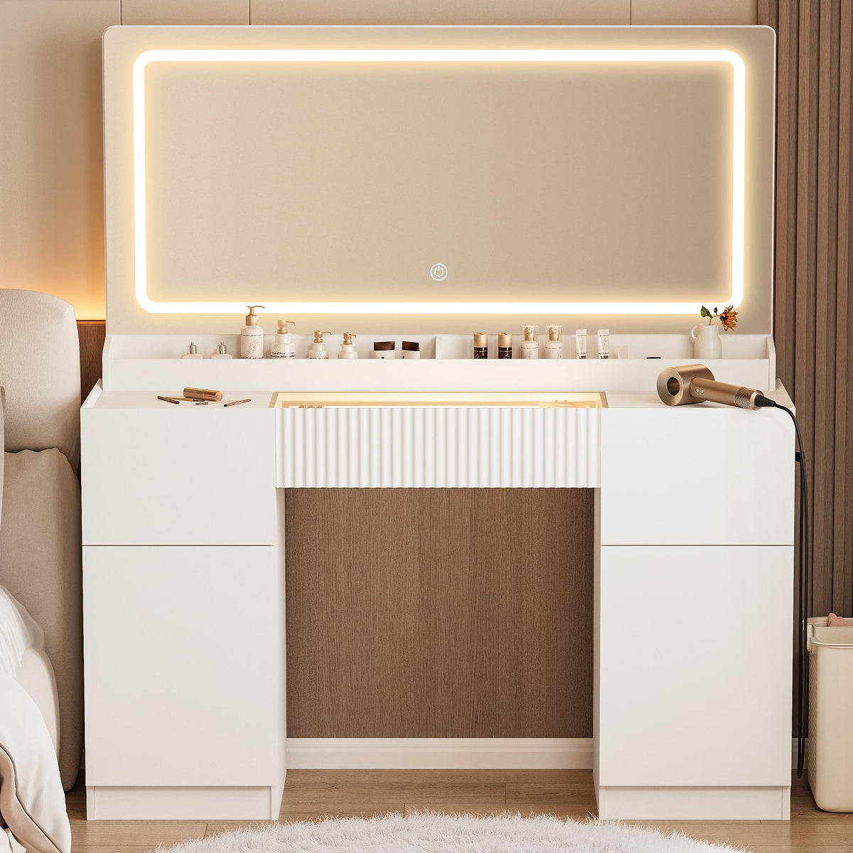 44" Pure White Vanity Desk with Mirror and Lights G35871