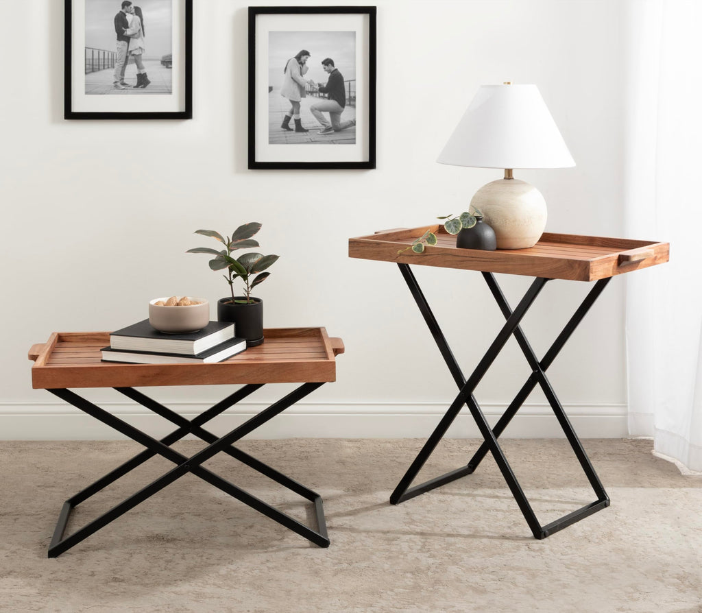 Natural Brown and Black Wood Tray Table with Removable Serving Tray Top U441