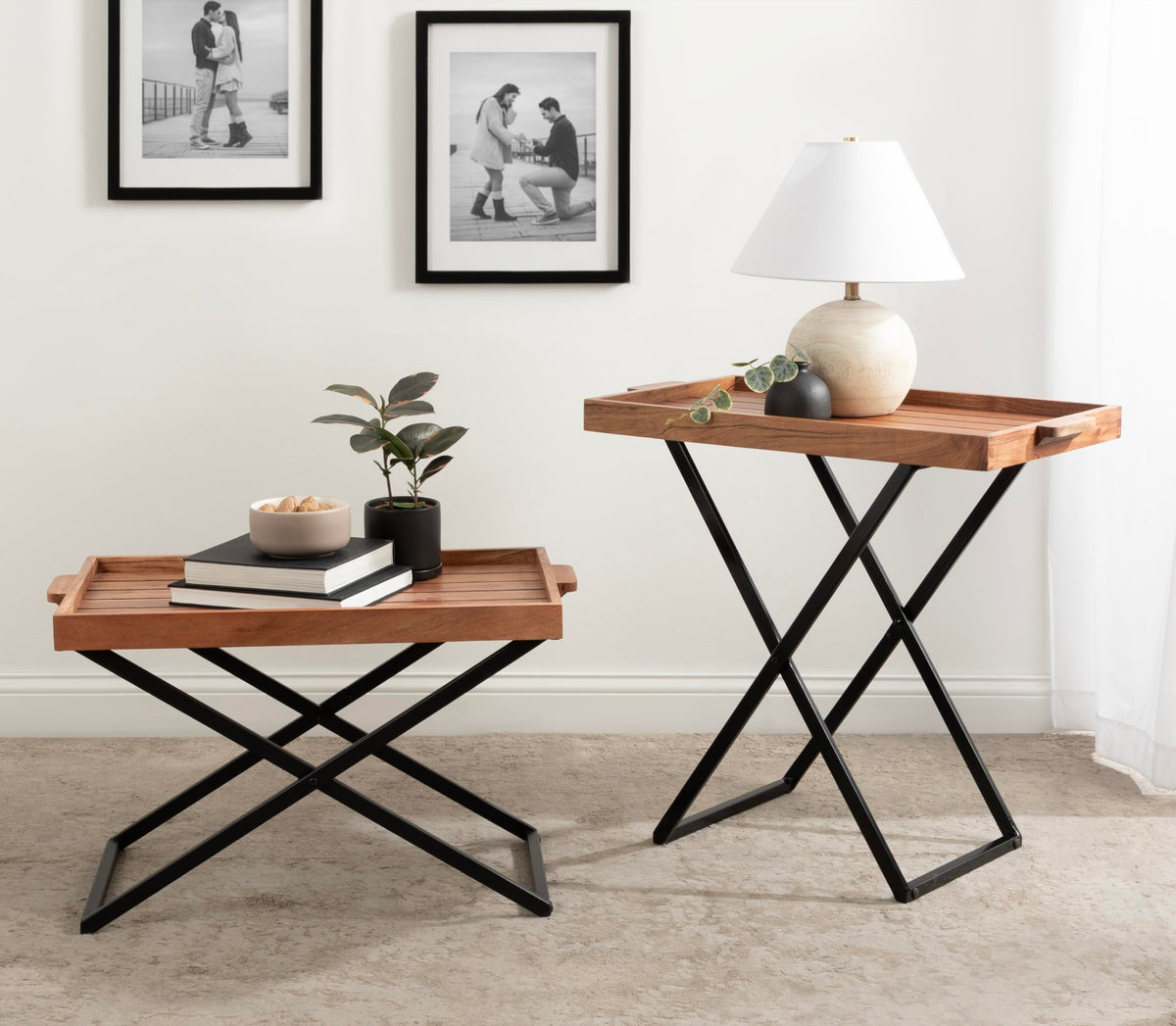 Natural Brown and Black Wood Tray Table with Removable Serving Tray Top U441