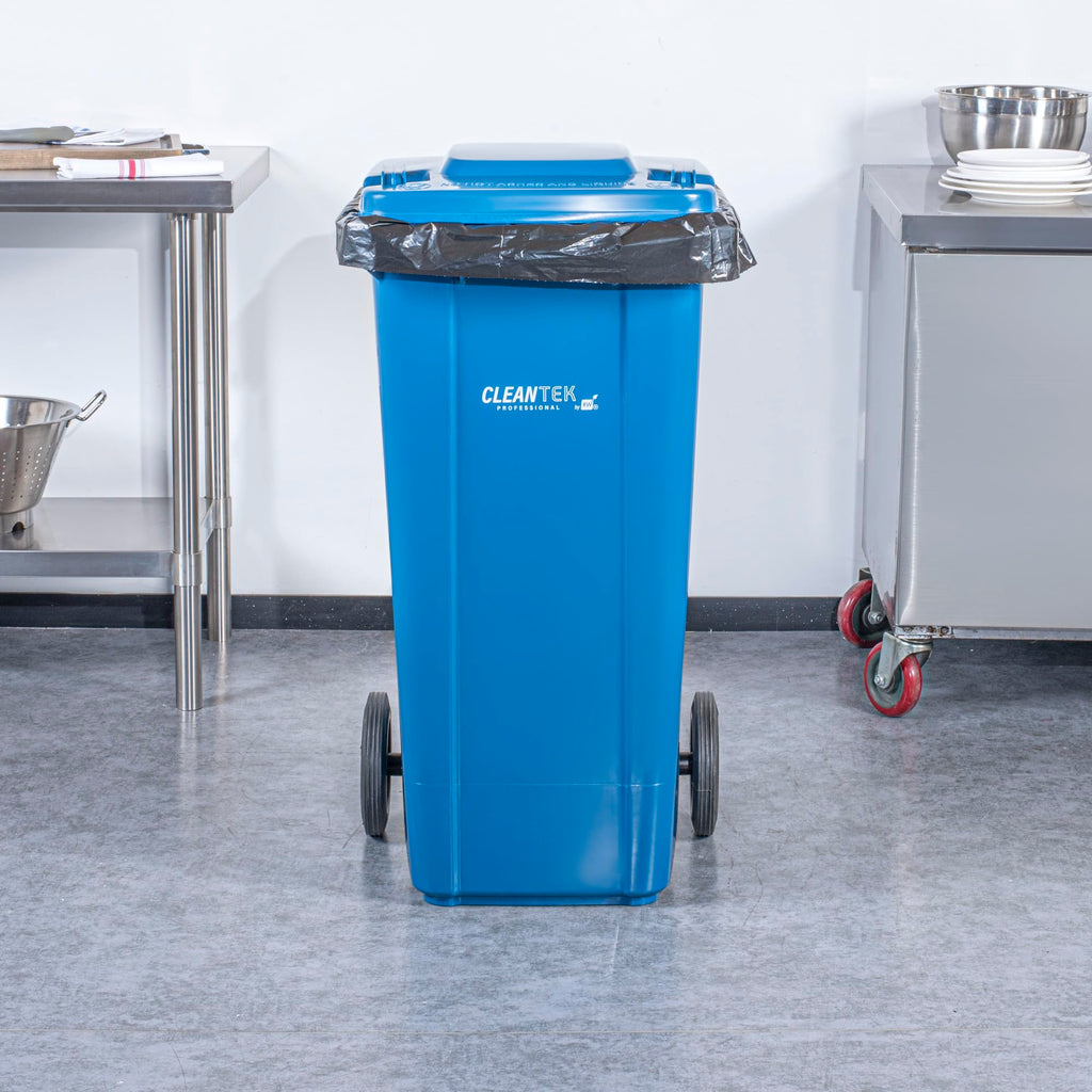 32 gal Blue Plastic Wheeled Trash Can H261372