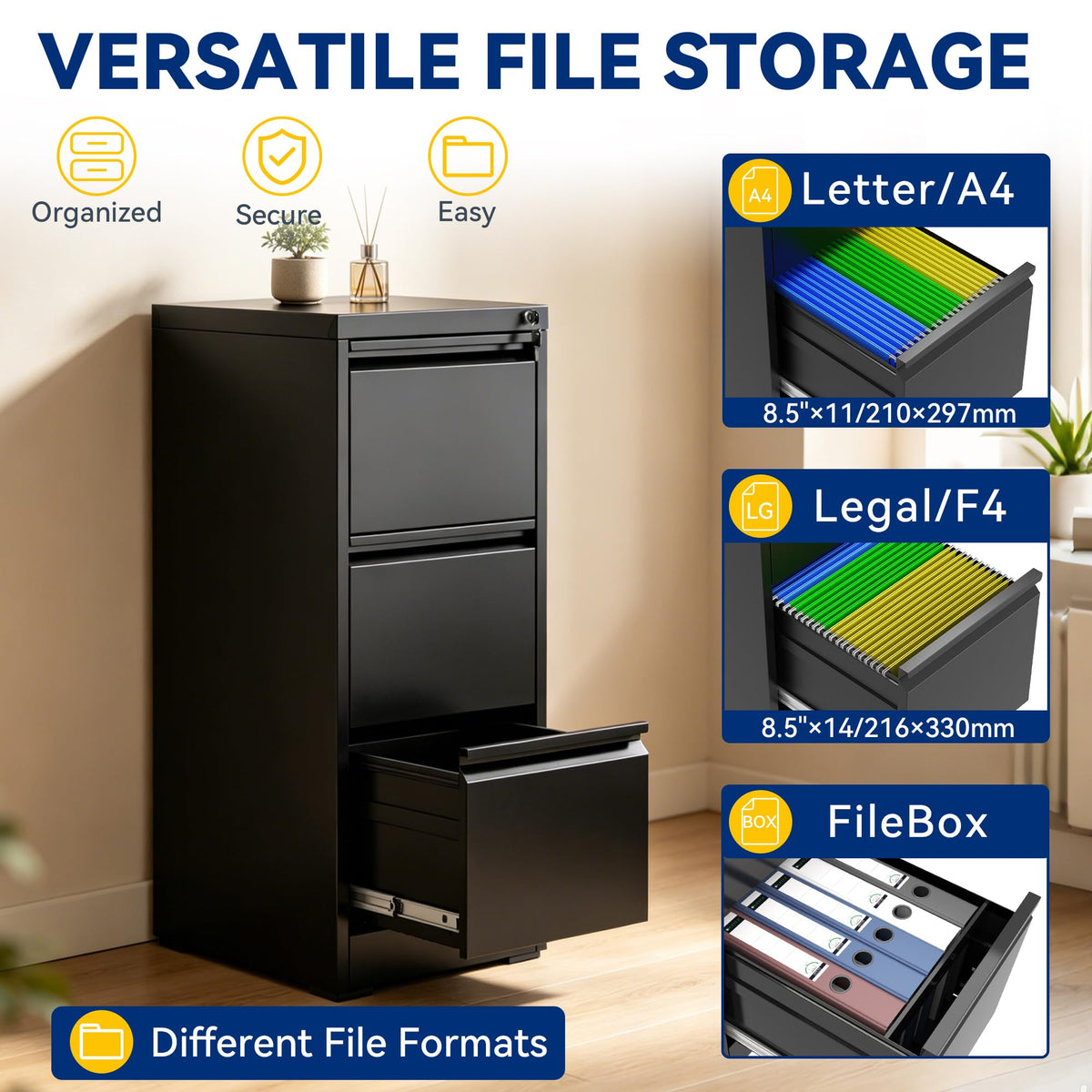 3 Drawer Black Metal File Cabinet with Lock D584