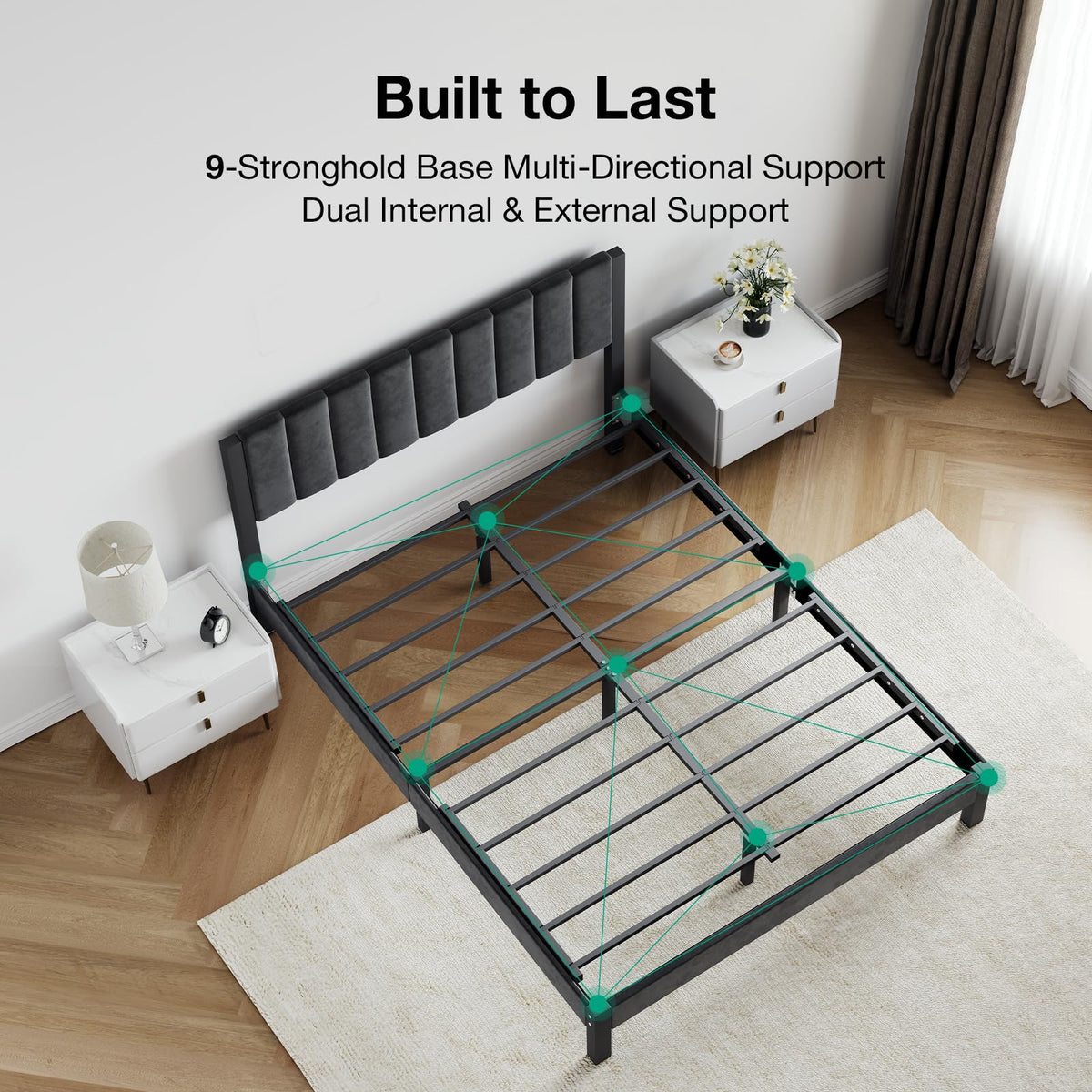 Full Size Metal Platform Bed Frame with Velvet Black Headboard and Footboard M3498