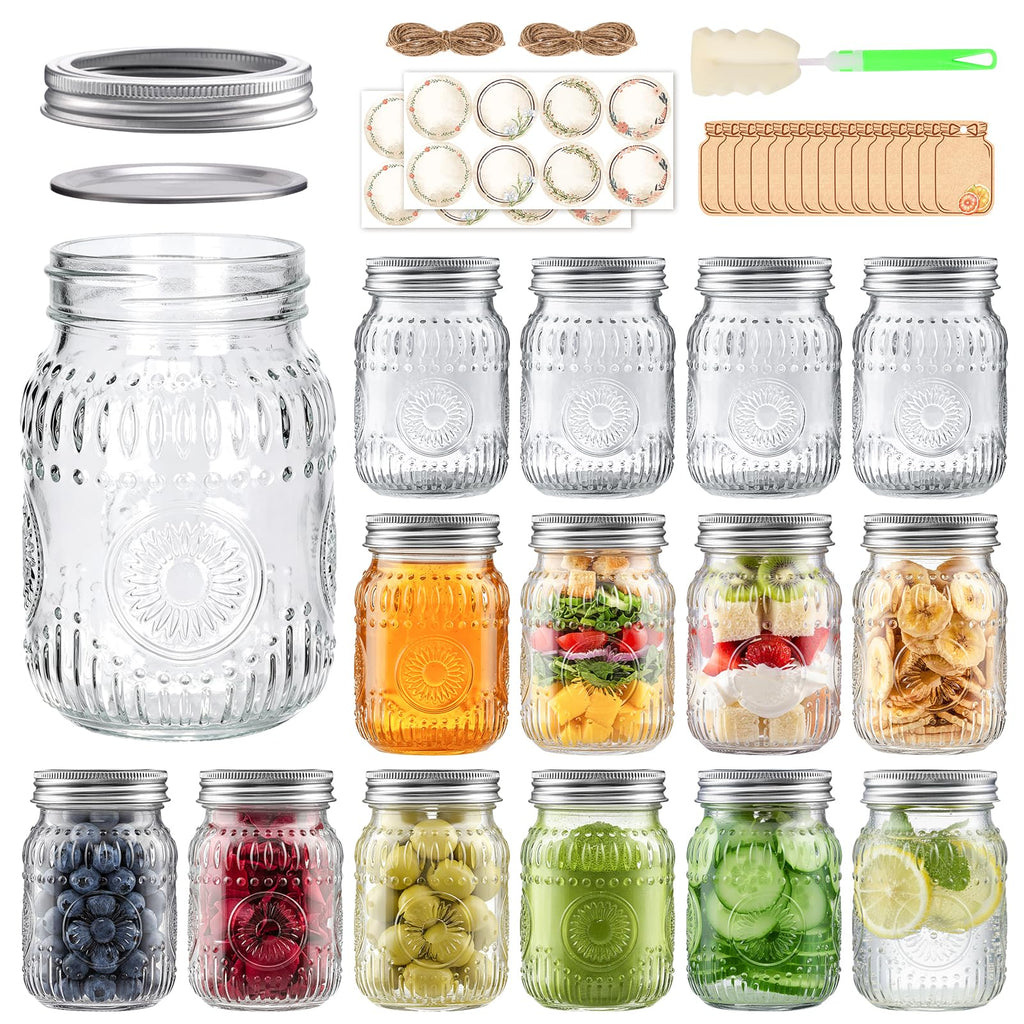 16 oz Embossed Glass Mason Jars 15Pack with Airtight Lids A5272