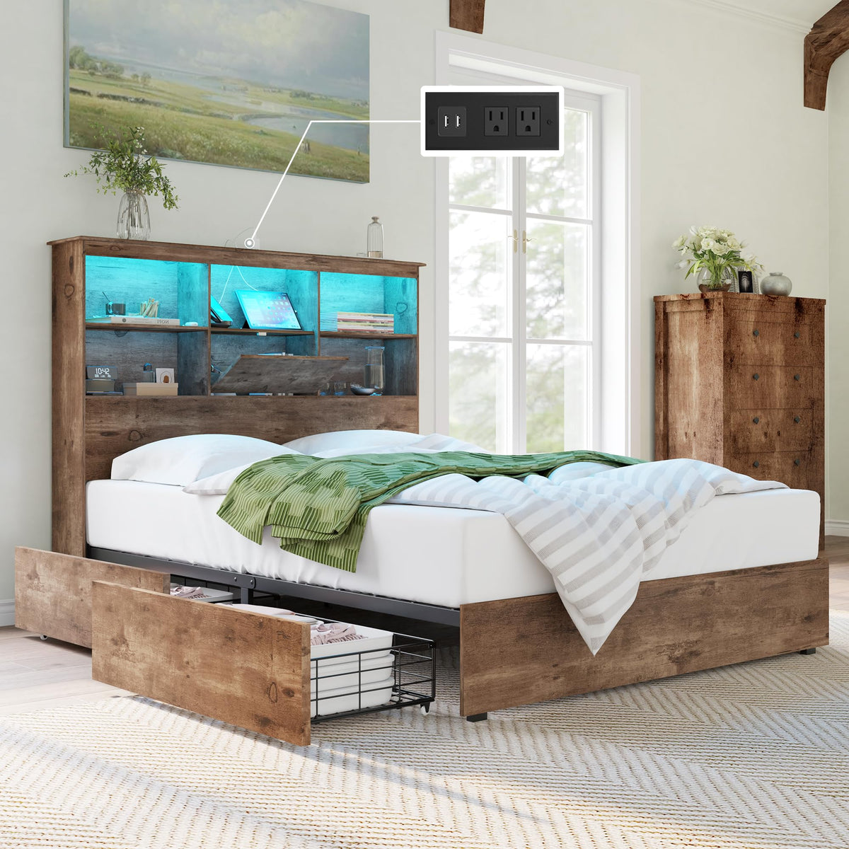 Queen Platform Bed with LED Bookcase Headboard V36959