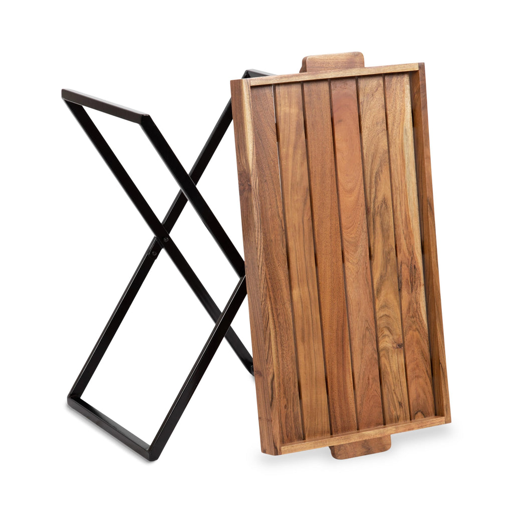 Natural Brown and Black Wood Tray Table with Removable Serving Tray Top U441