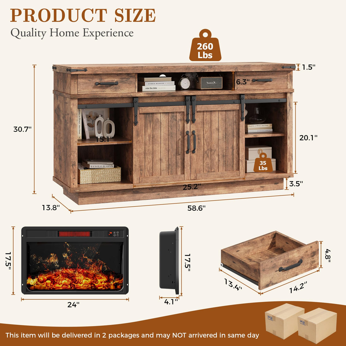 58" Electric Fireplace TV Stand with 2 Storage Drawers N9204