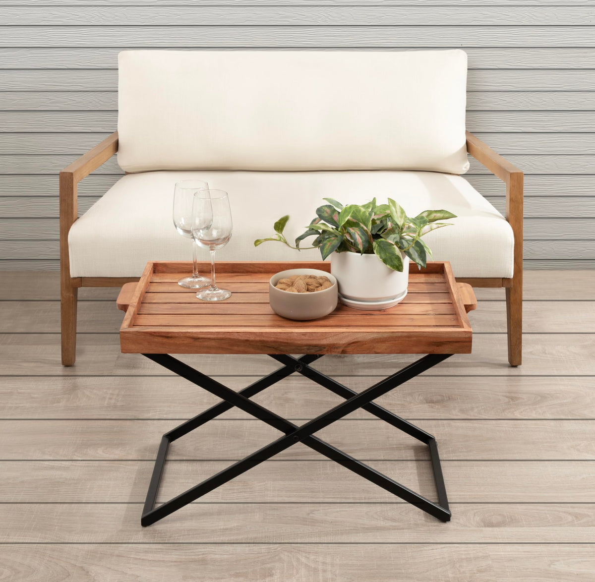 Natural Brown and Black Wood Tray Table with Removable Serving Tray Top U441