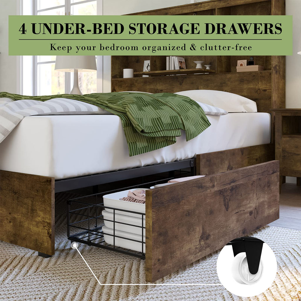 Queen Platform Bed with LED Bookcase Headboard V36959