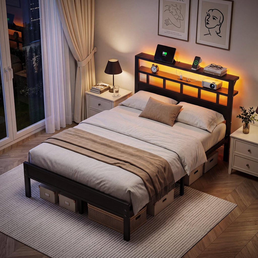 Full Size Bed Frame with Charging Station and LED G150594