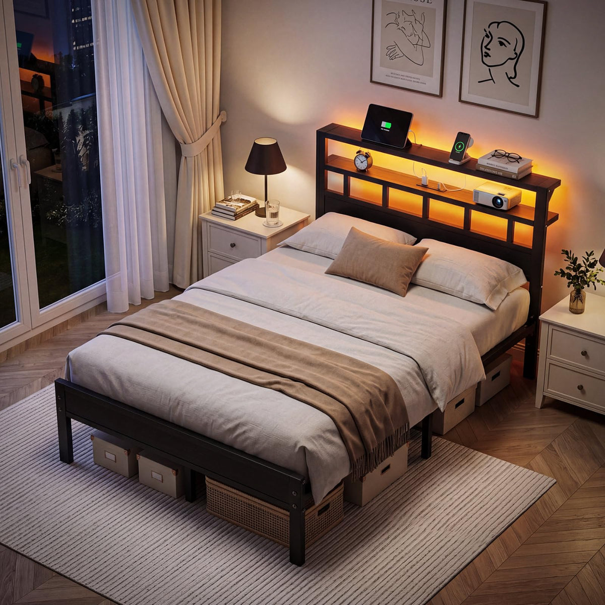 Full Size Bed Frame with Charging Station and LED G150594