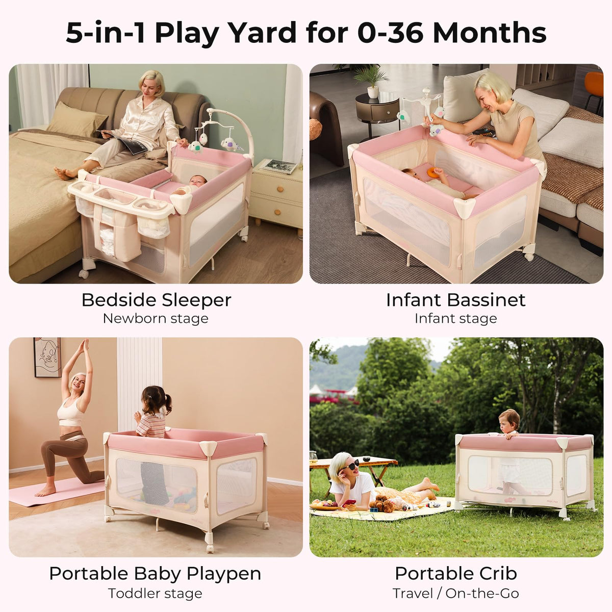 5 in 1 Pack and Play Bedside Crib Playard with Mattress D6312